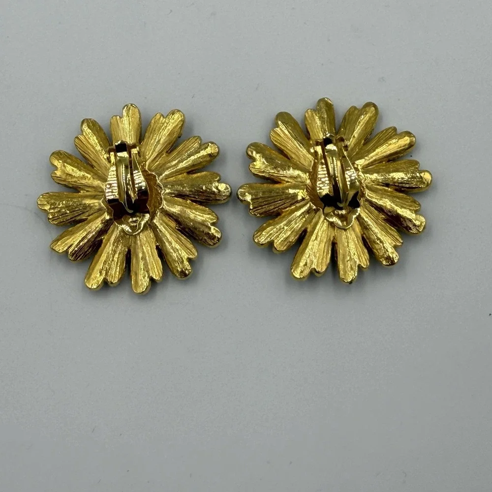 Vtg Sue Ellen Daisy Earrings Swarovski Crystal Green Flower Statement Retro NEW